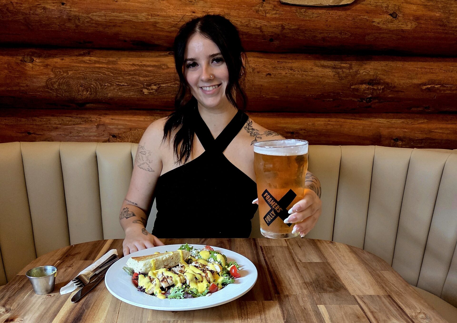 House lager with grilled chicken salad