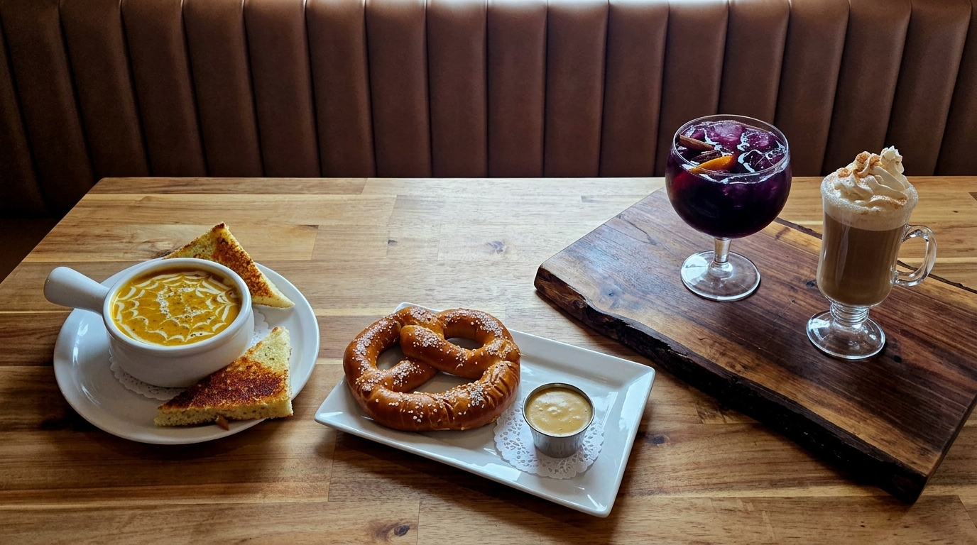 Fall Seasonal Special with irish coffee, buttenut squash soup and warm soft pretezel